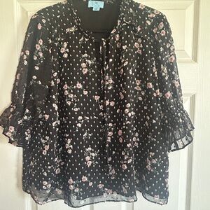CeCe Black Sheer Floral Tie-Neck Blouse